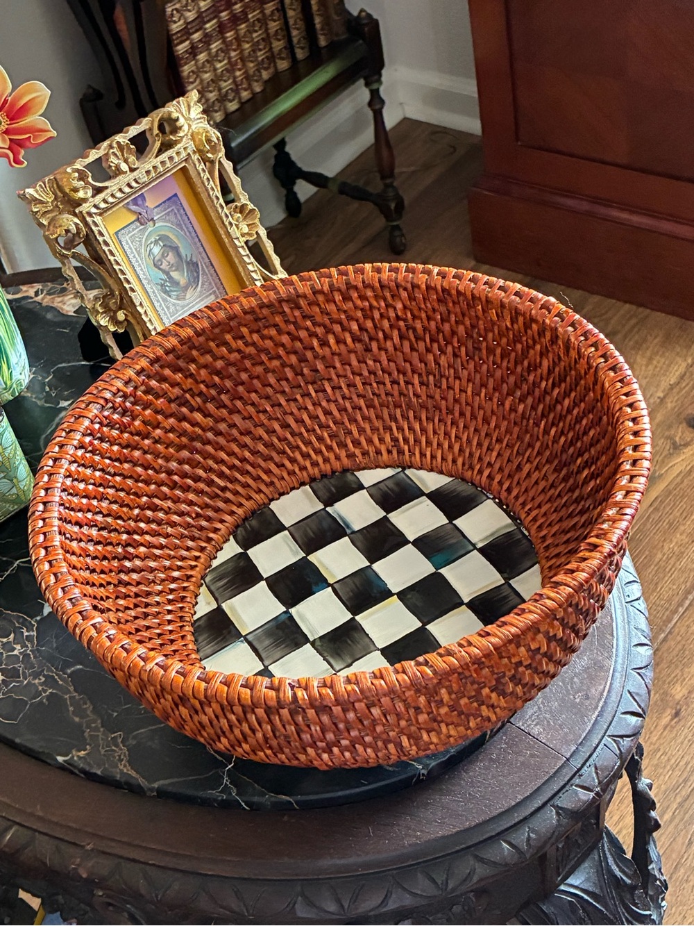 McKenzie Childs Courtly Check Wicker Bowl with Black & White Enamel Base - Picture 3 of 6